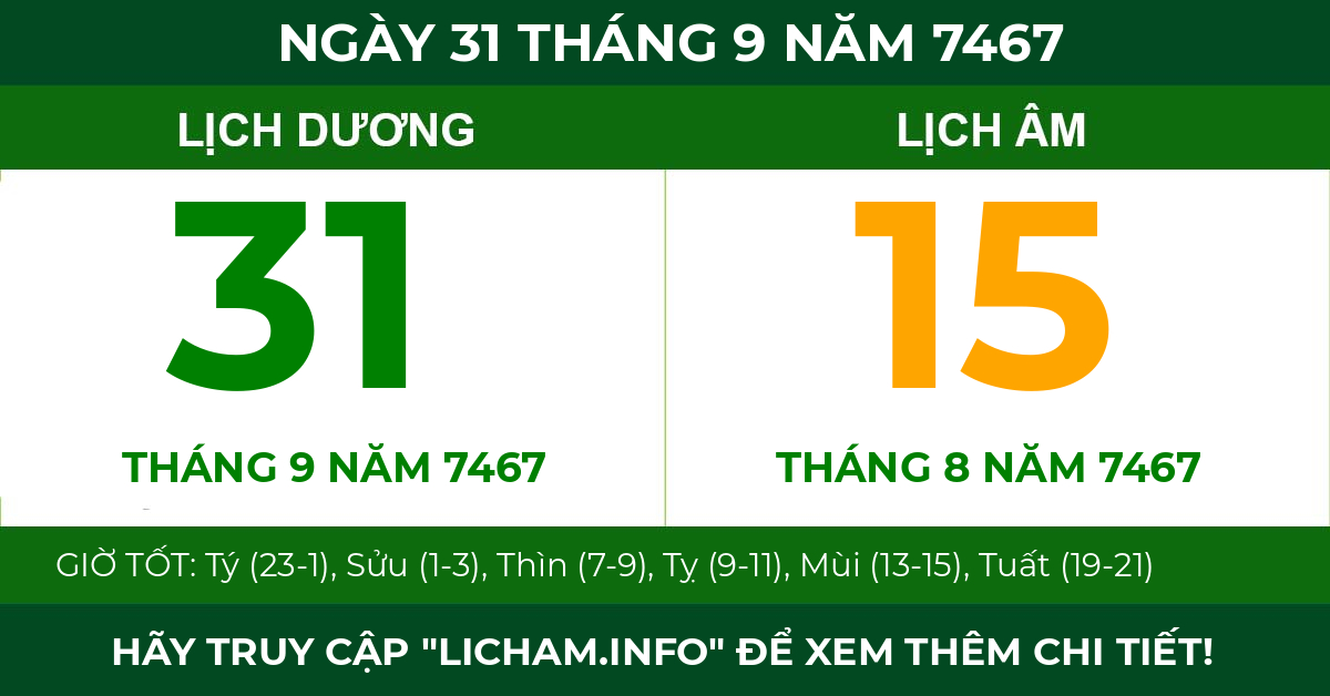 lịch âm ngày 31 tháng 9 năm 7467