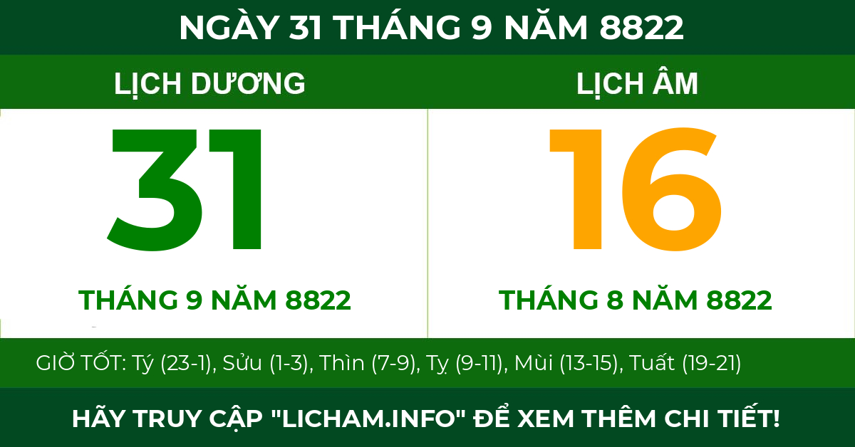 lịch âm ngày 31 tháng 9 năm 8822