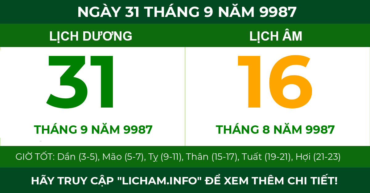 lịch âm ngày 31 tháng 9 năm 9987