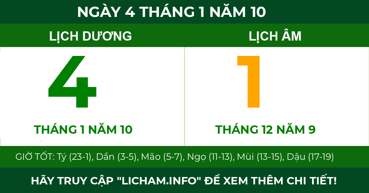 lịch âm ngày 4 tháng 1 năm 10