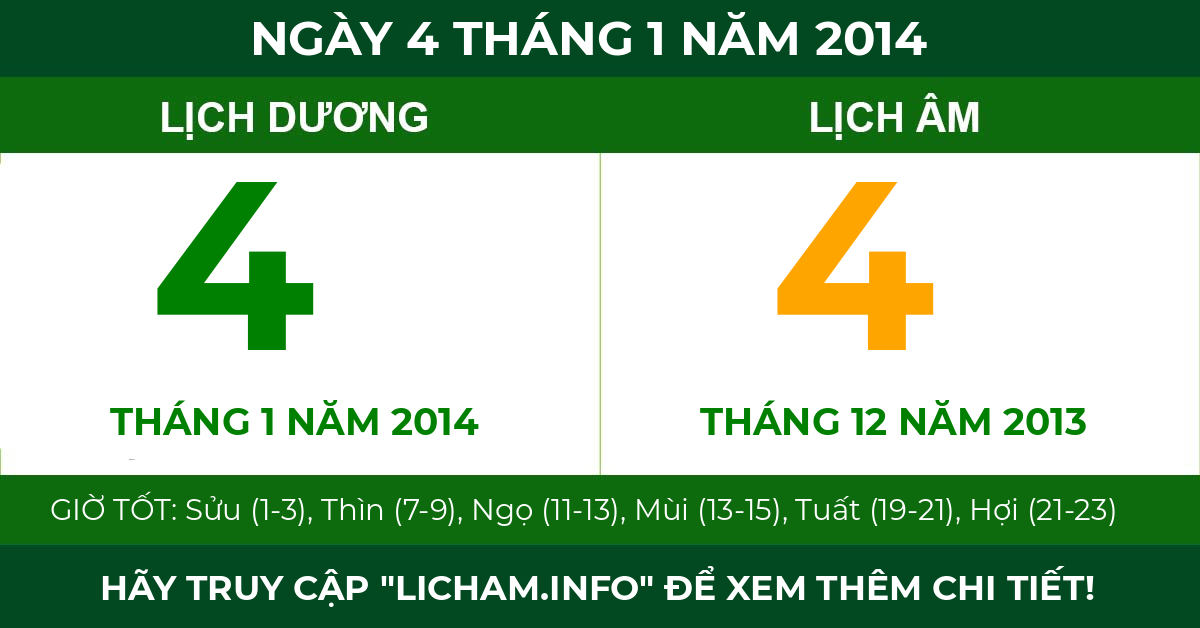 lịch âm ngày 4 tháng 1 năm 2014
