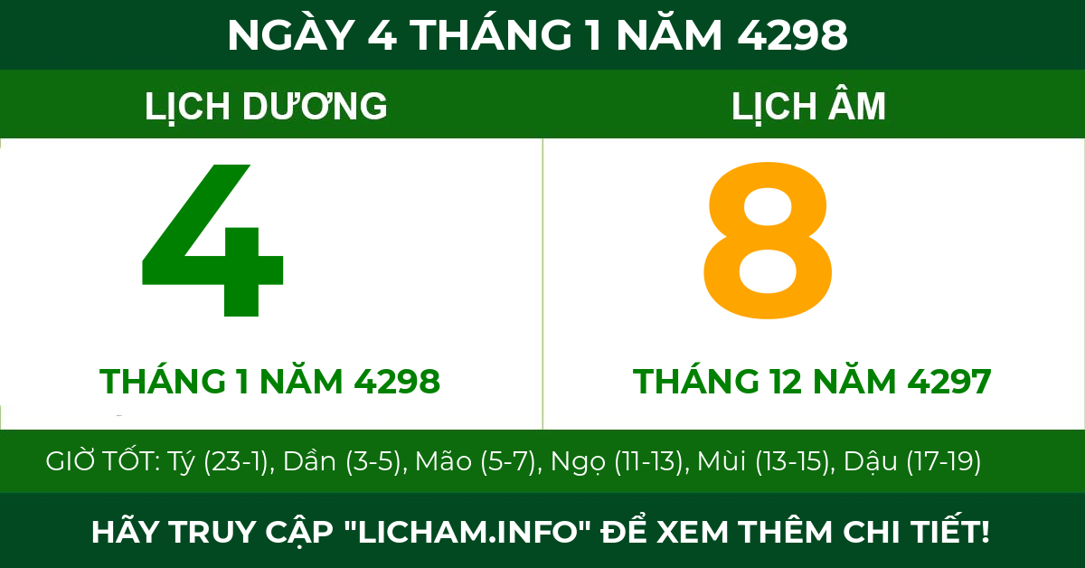 lịch âm ngày 4 tháng 1 năm 4298
