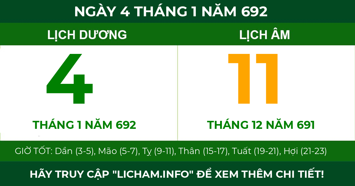 lịch âm ngày 4 tháng 1 năm 692