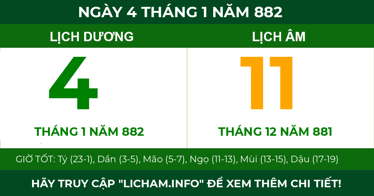 lịch âm ngày 4 tháng 1 năm 882