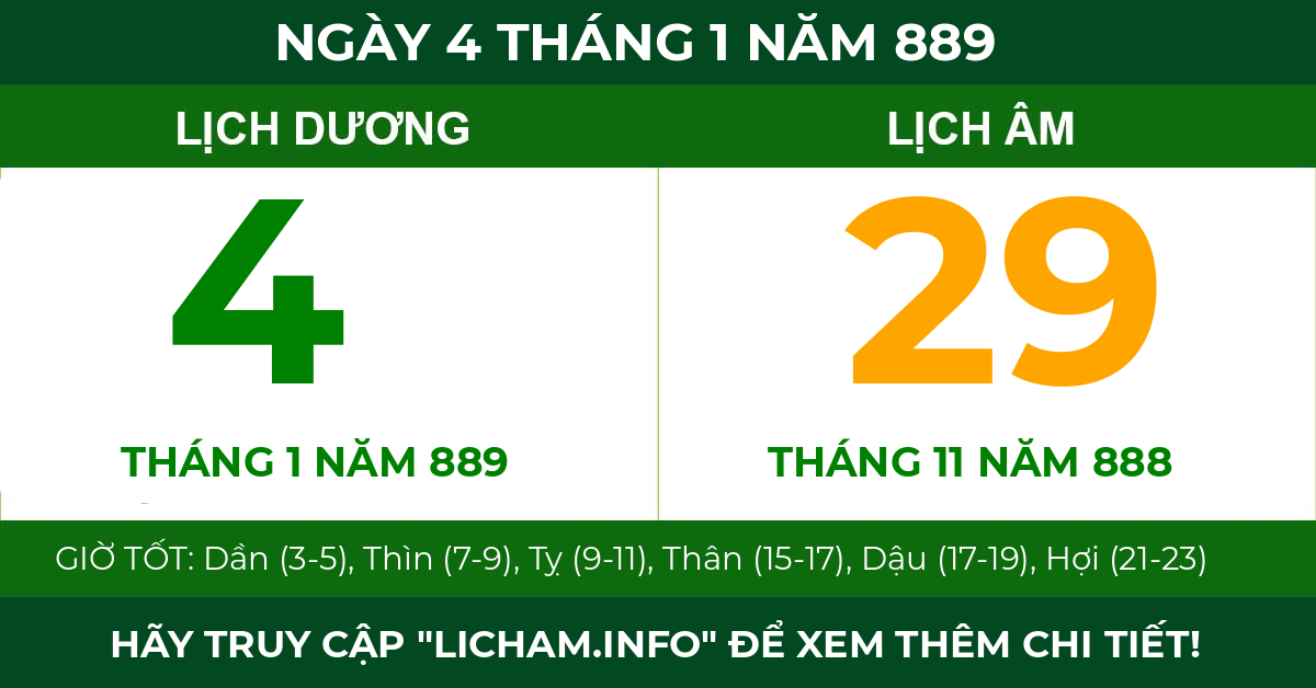 lịch âm ngày 4 tháng 1 năm 889