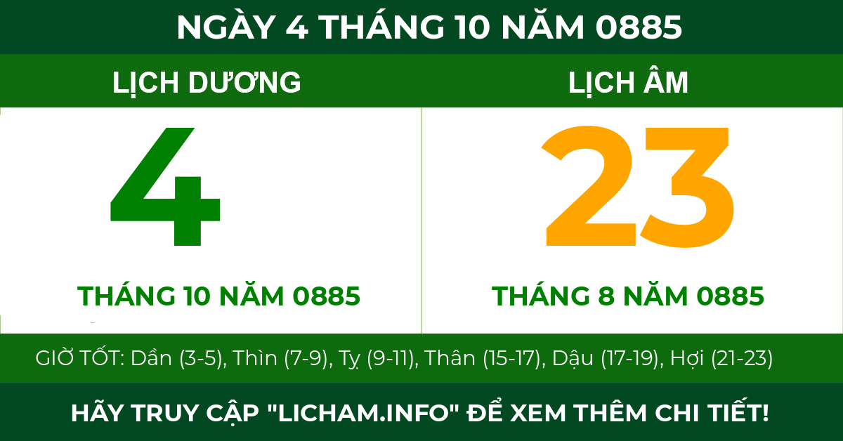 lịch âm ngày 4 tháng 10 năm 0885