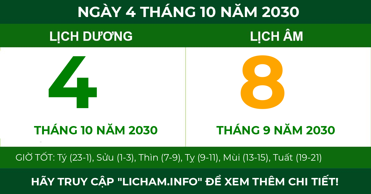 lịch âm ngày 4 tháng 10 năm 2030
