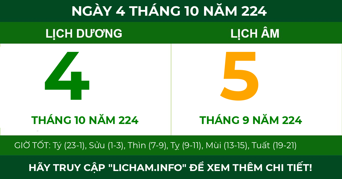 lịch âm ngày 4 tháng 10 năm 224