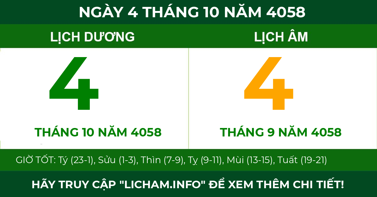 lịch âm ngày 4 tháng 10 năm 4058