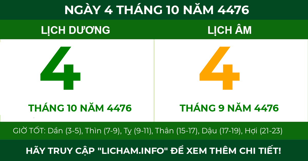 lịch âm ngày 4 tháng 10 năm 4476