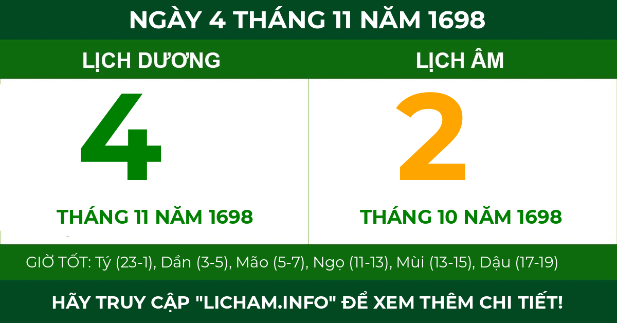 lịch âm ngày 4 tháng 11 năm 1698