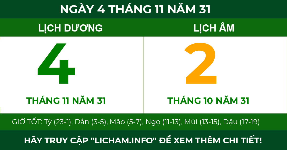 lịch âm ngày 4 tháng 11 năm 31