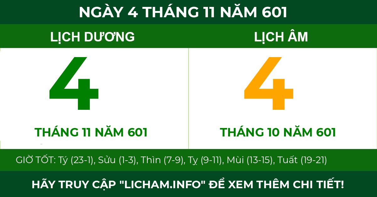 lịch âm ngày 4 tháng 11 năm 601