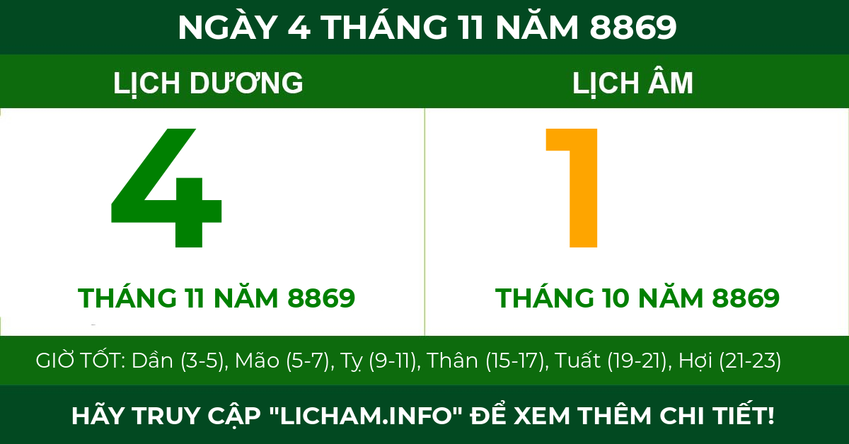 lịch âm ngày 4 tháng 11 năm 8869