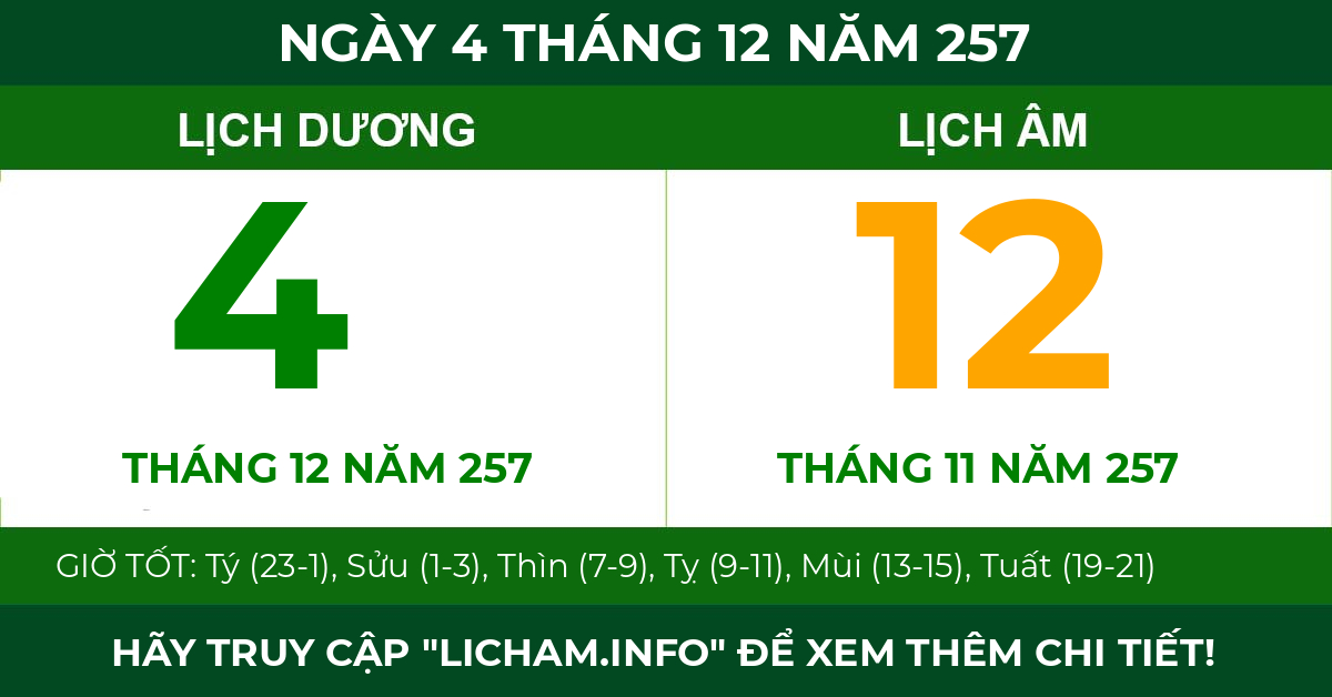 lịch âm ngày 4 tháng 12 năm 257