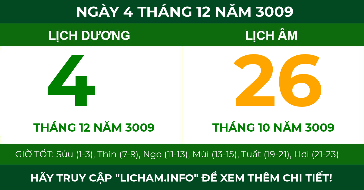 lịch âm ngày 4 tháng 12 năm 3009