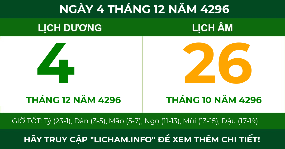 lịch âm ngày 4 tháng 12 năm 4296