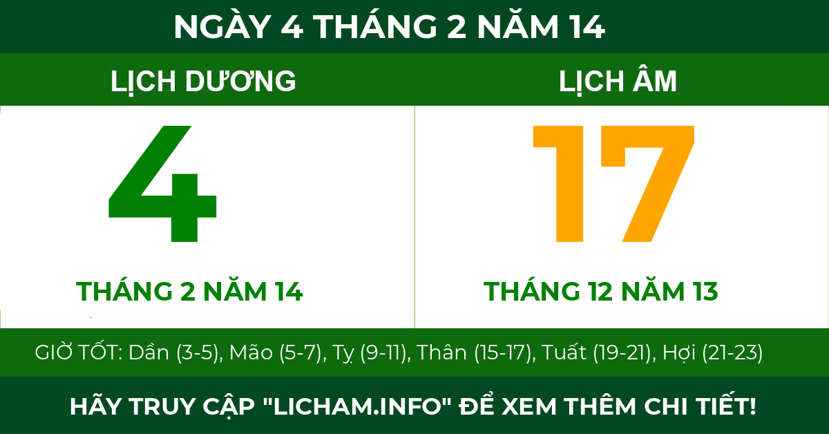 lịch âm ngày 4 tháng 2 năm 14