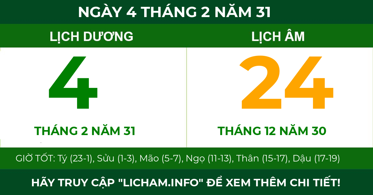 lịch âm ngày 4 tháng 2 năm 31