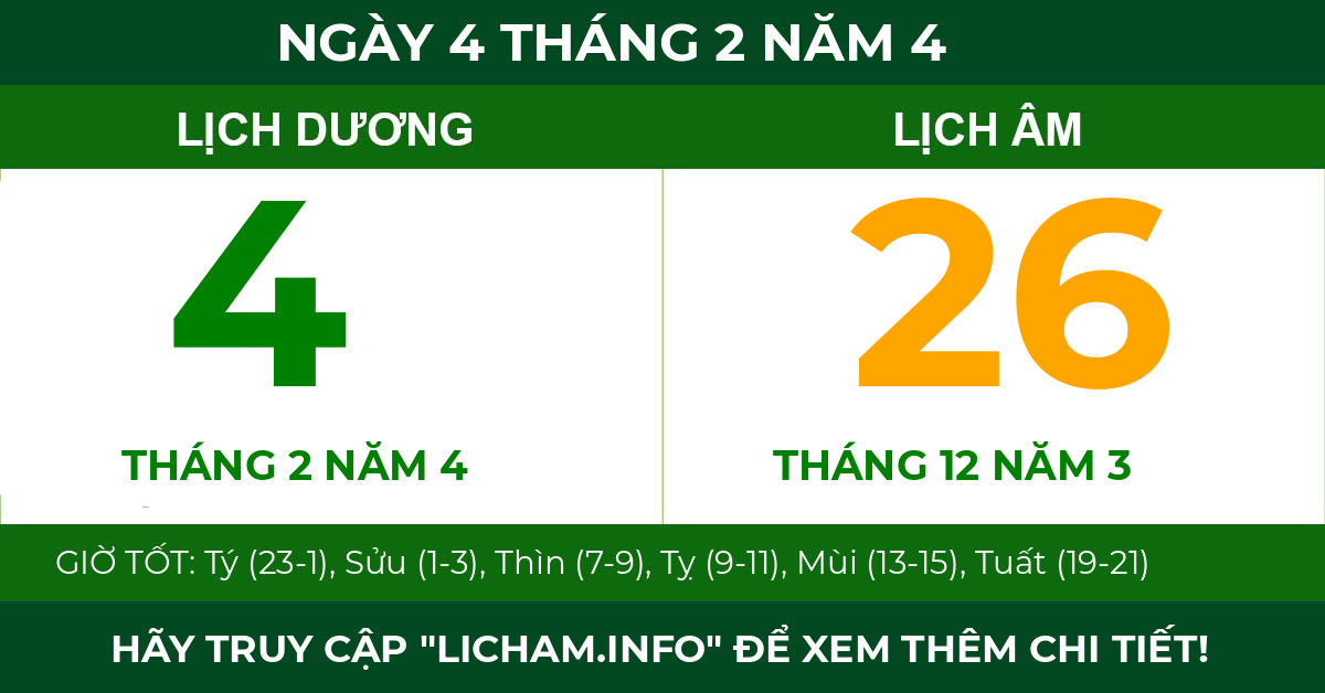 lịch âm ngày 4 tháng 2 năm 4