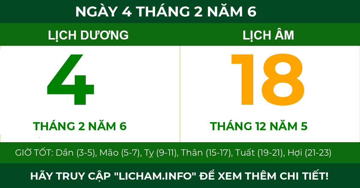 lịch âm ngày 4 tháng 2 năm 6