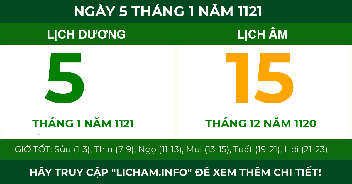 lịch âm ngày 5 tháng 1 năm 1121