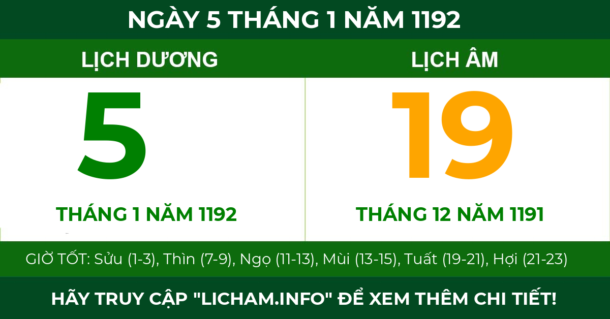 lịch âm ngày 5 tháng 1 năm 1192