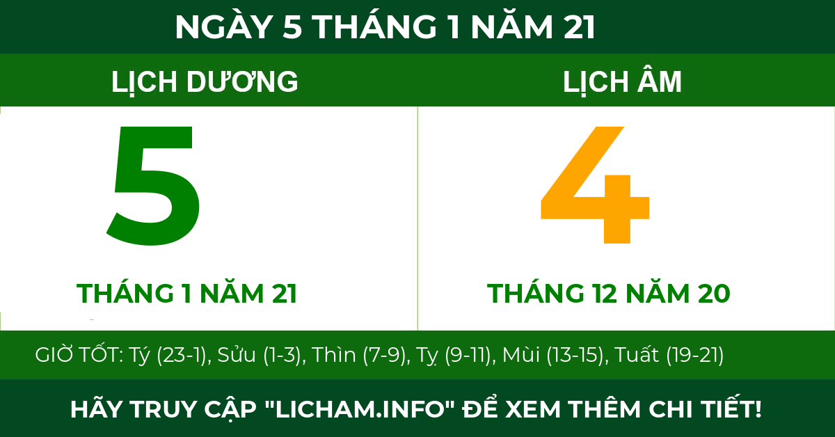 lịch âm ngày 5 tháng 1 năm 21