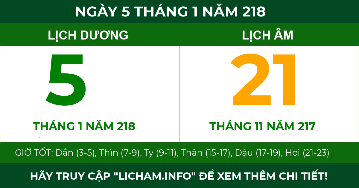 lịch âm ngày 5 tháng 1 năm 218
