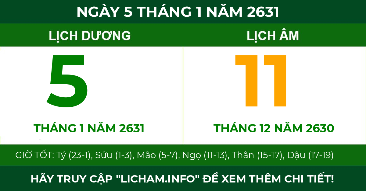 lịch âm ngày 5 tháng 1 năm 2631