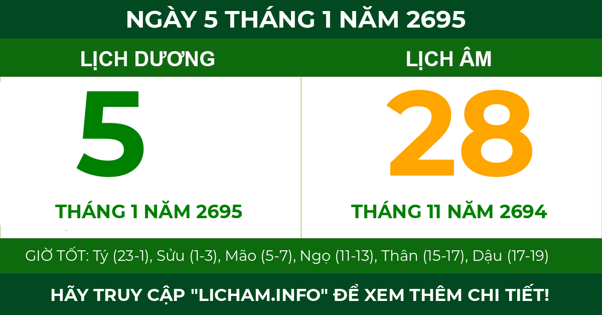 lịch âm ngày 5 tháng 1 năm 2695