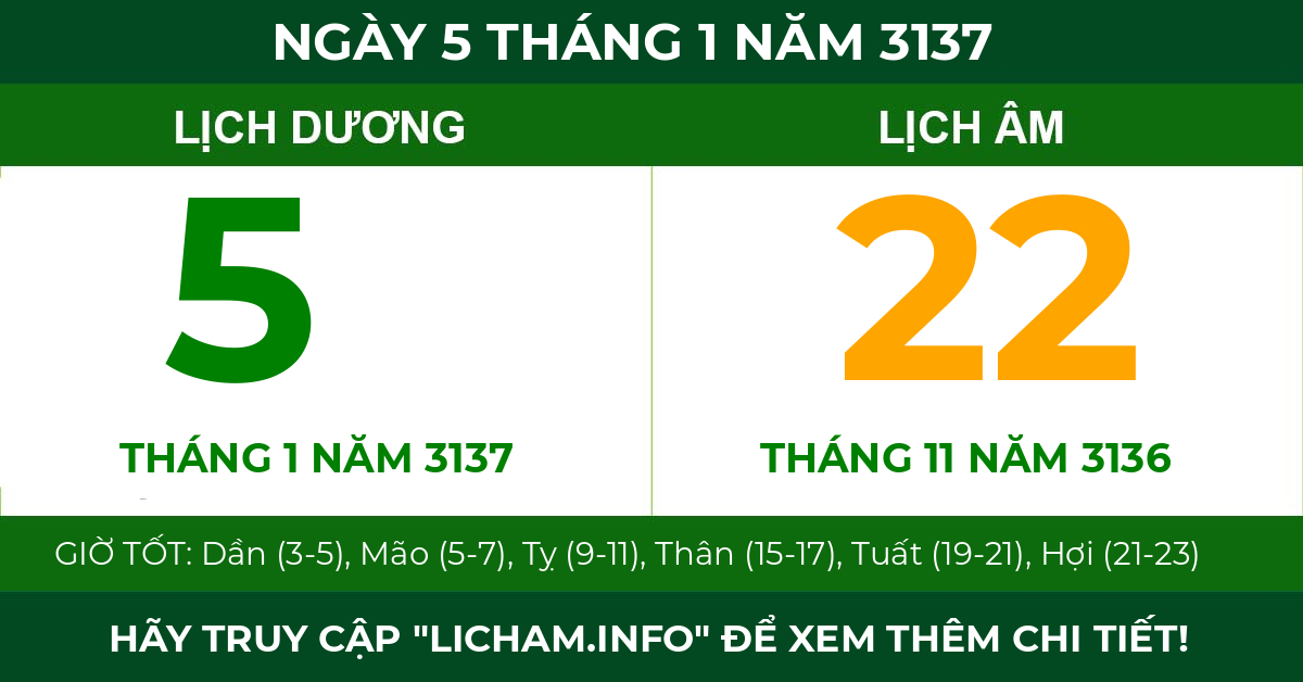 lịch âm ngày 5 tháng 1 năm 3137