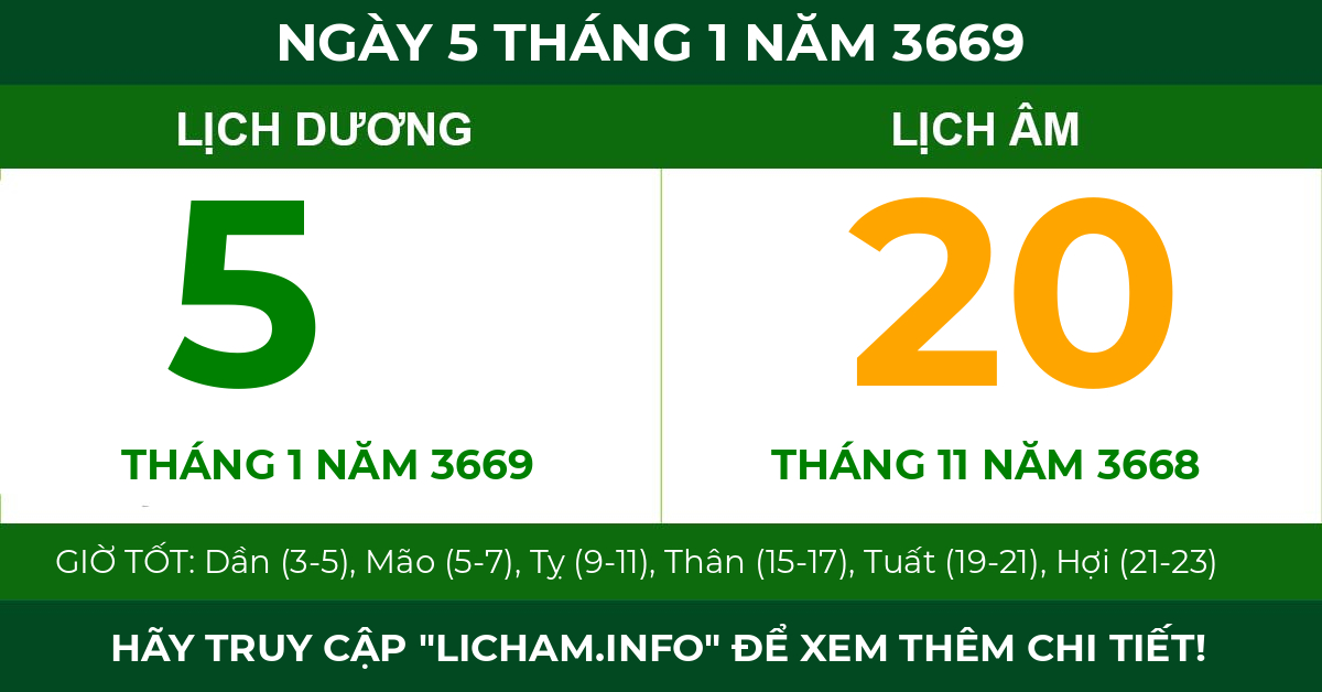 lịch âm ngày 5 tháng 1 năm 3669
