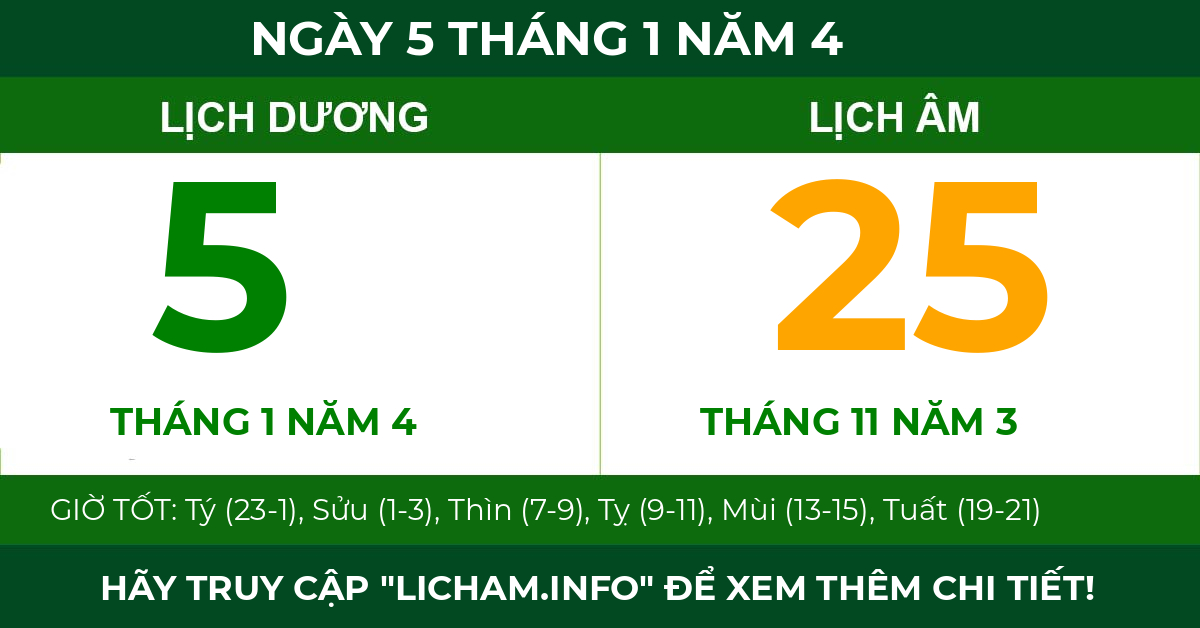lịch âm ngày 5 tháng 1 năm 4
