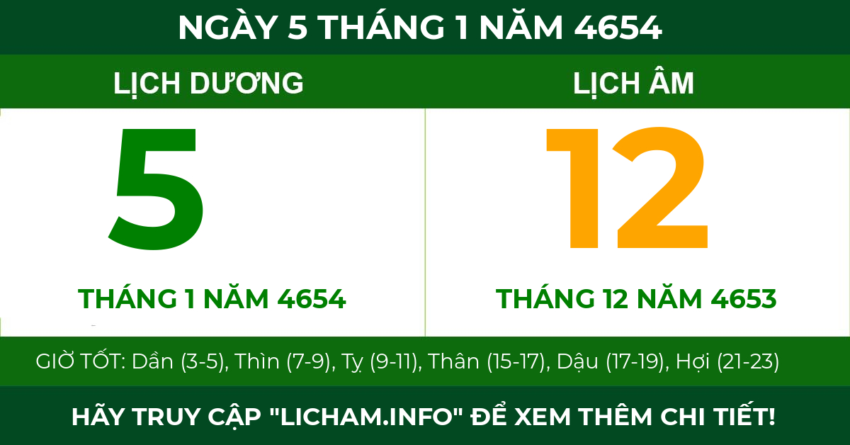 lịch âm ngày 5 tháng 1 năm 4654