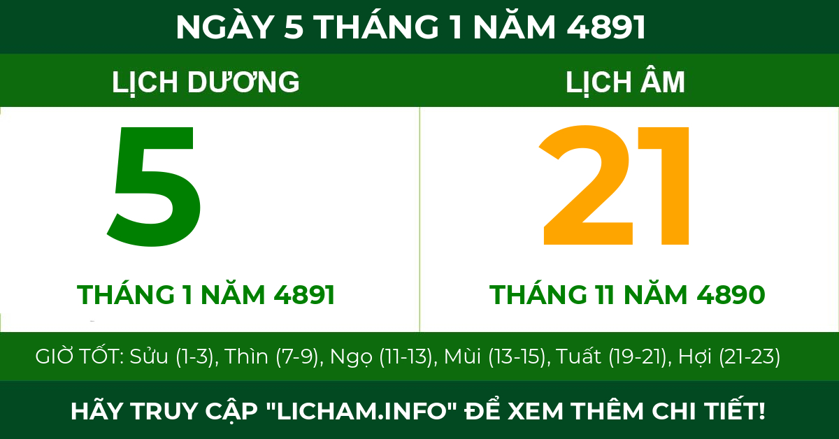 lịch âm ngày 5 tháng 1 năm 4891