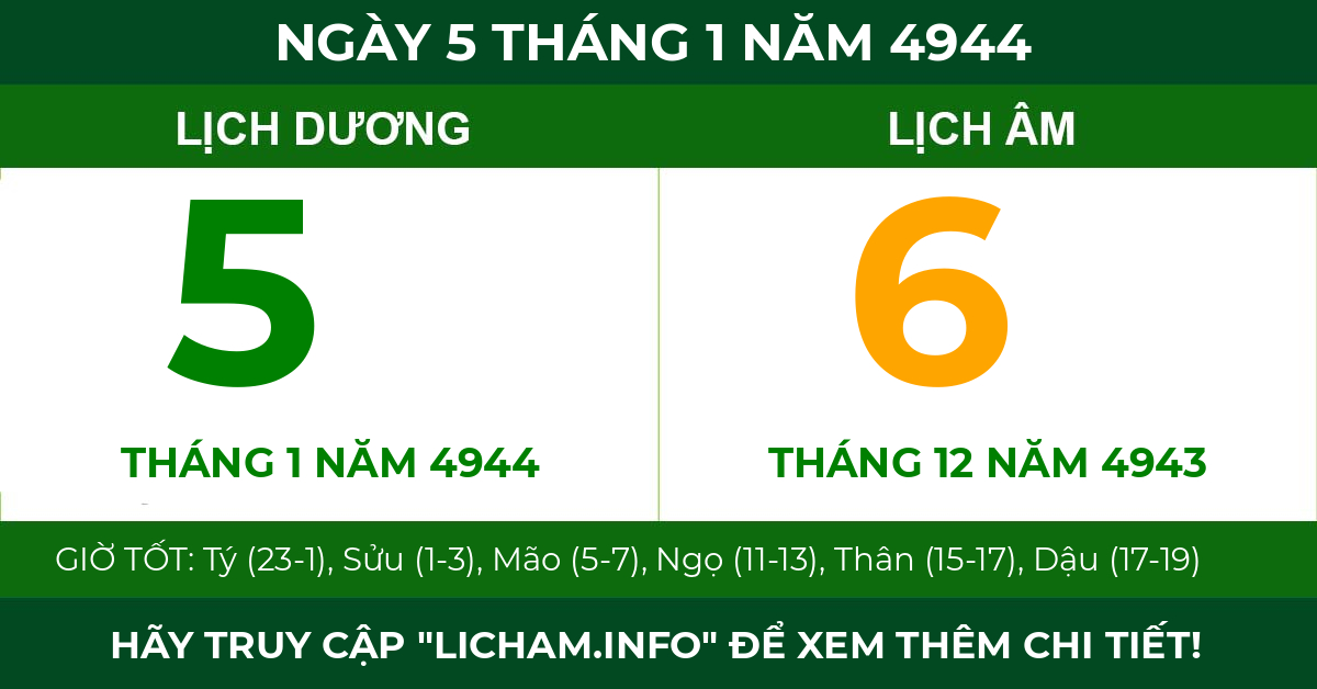 lịch âm ngày 5 tháng 1 năm 4944