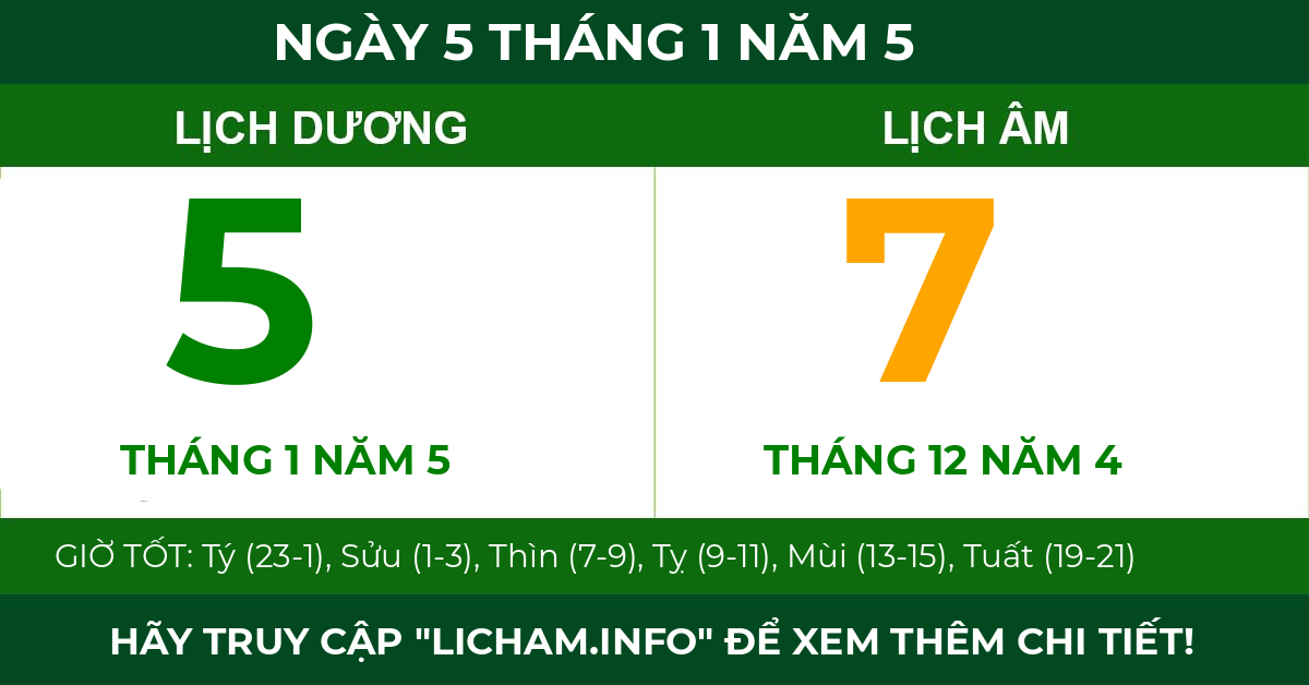 lịch âm ngày 5 tháng 1 năm 5