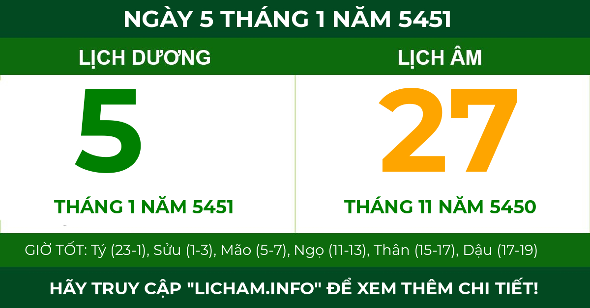 lịch âm ngày 5 tháng 1 năm 5451