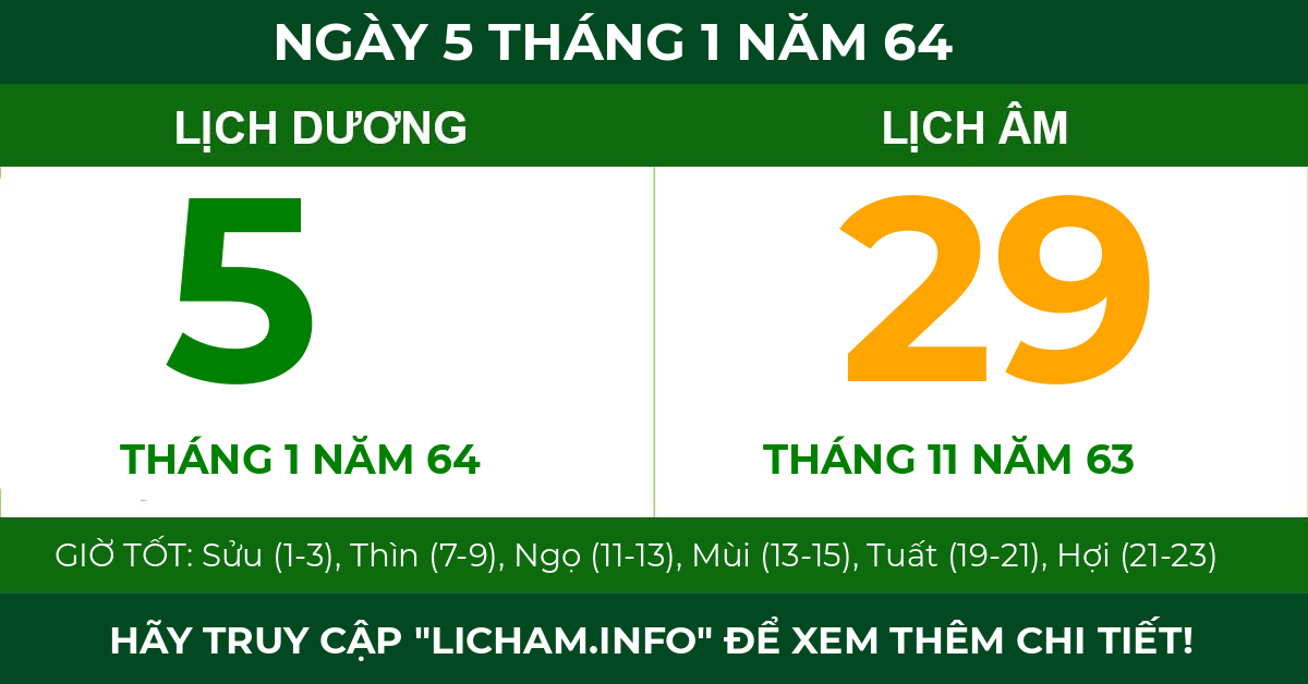 lịch âm ngày 5 tháng 1 năm 64