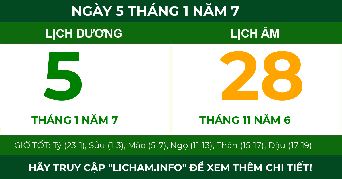 lịch âm ngày 5 tháng 1 năm 7