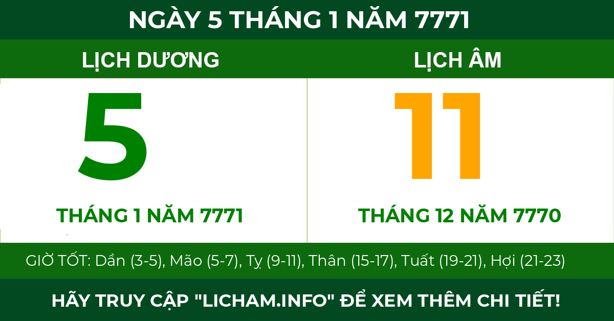 lịch âm ngày 5 tháng 1 năm 7771