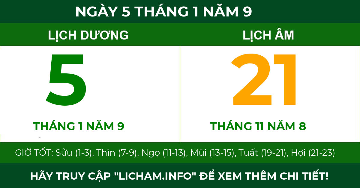 lịch âm ngày 5 tháng 1 năm 9