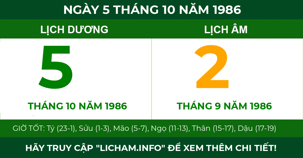 lịch âm ngày 5 tháng 10 năm 1986