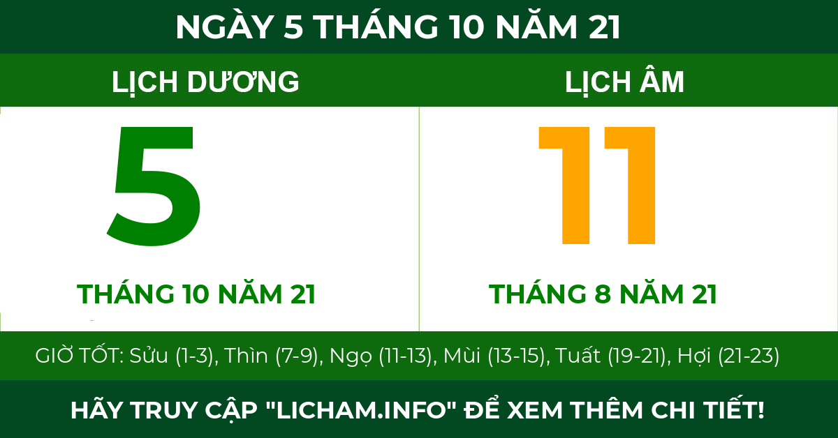 lịch âm ngày 5 tháng 10 năm 21