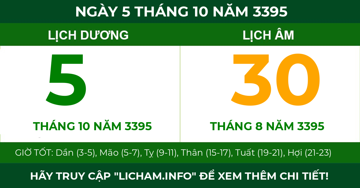 lịch âm ngày 5 tháng 10 năm 3395