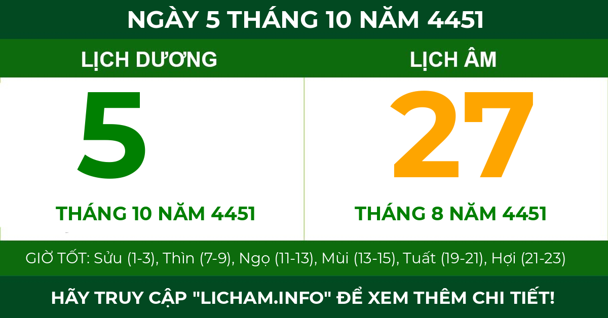 lịch âm ngày 5 tháng 10 năm 4451