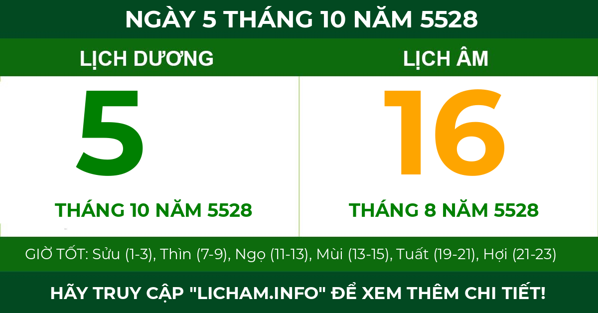 lịch âm ngày 5 tháng 10 năm 5528