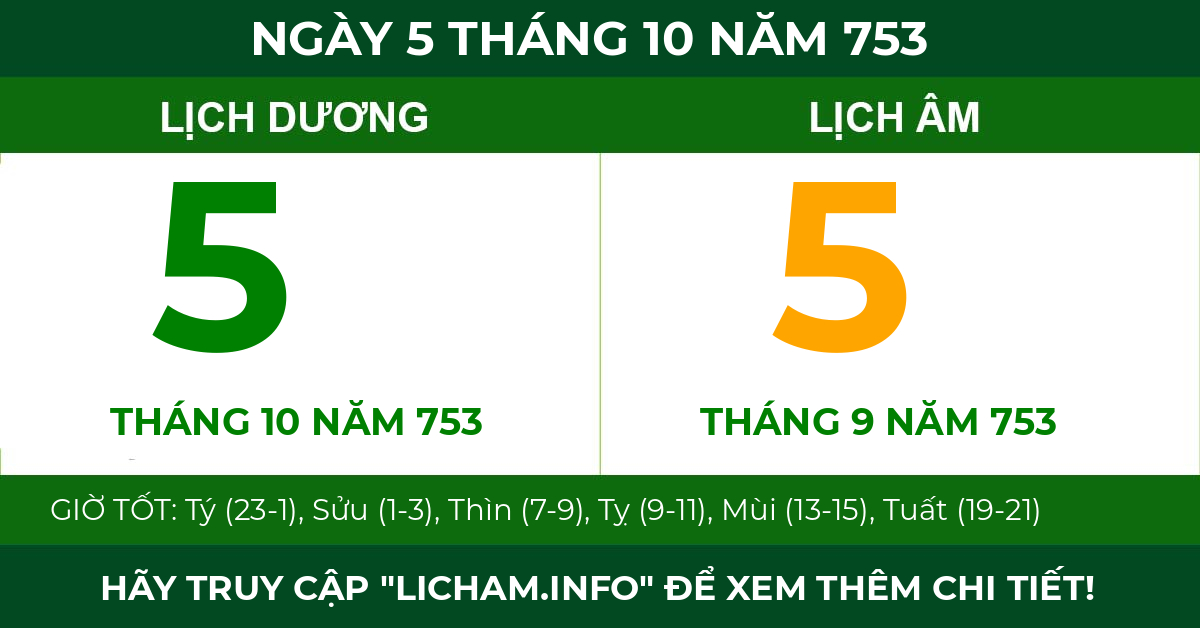 lịch âm ngày 5 tháng 10 năm 753