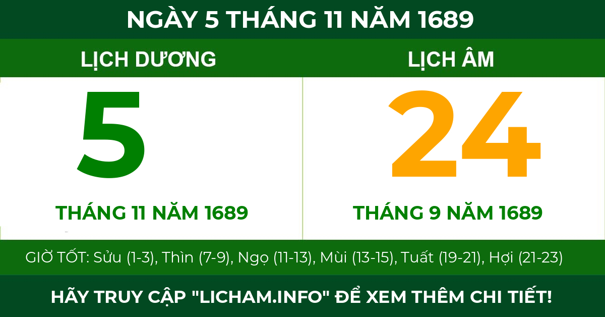 lịch âm ngày 5 tháng 11 năm 1689